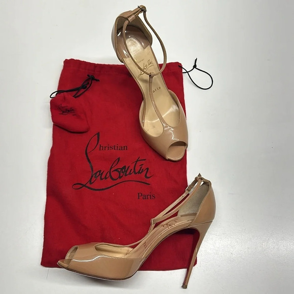 Christian Louboutin Senora T-strap High Heel Heels Shoes 100 MM Tan Nude Size 38 - Picture 1 of 13